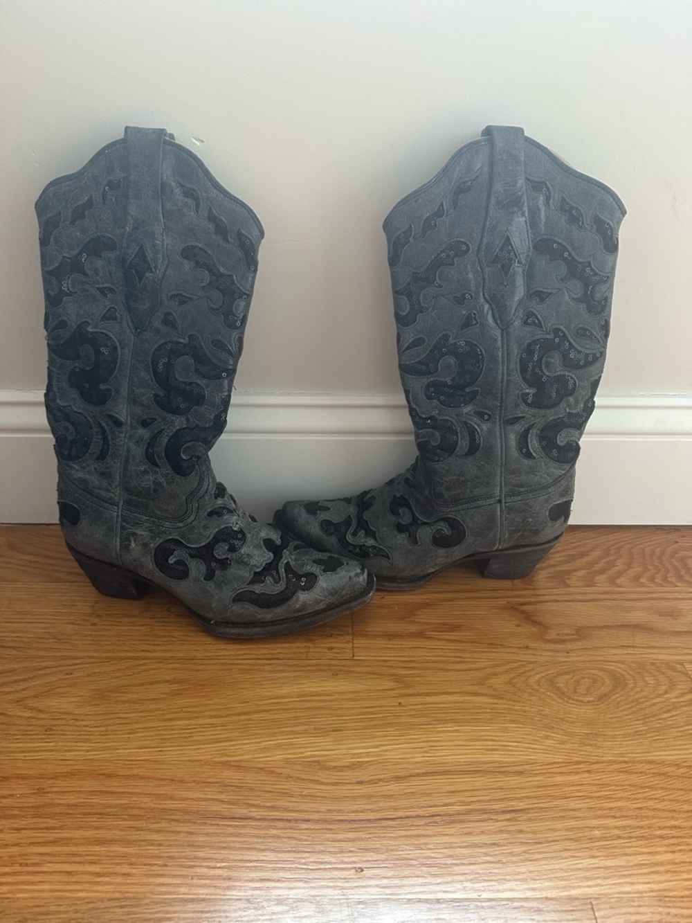 Vintage Corral Leather Cowboy Boots (with black sequin inlay)